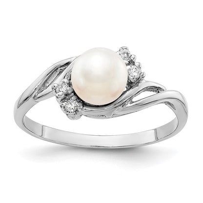 14K Weißgold 6mm Fw Zuchtperle A Echt Diamant Ring
