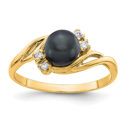 14K Gelbgold Gold 6mm Schwarz Fw Zuchtperle Vs Diamant Ring