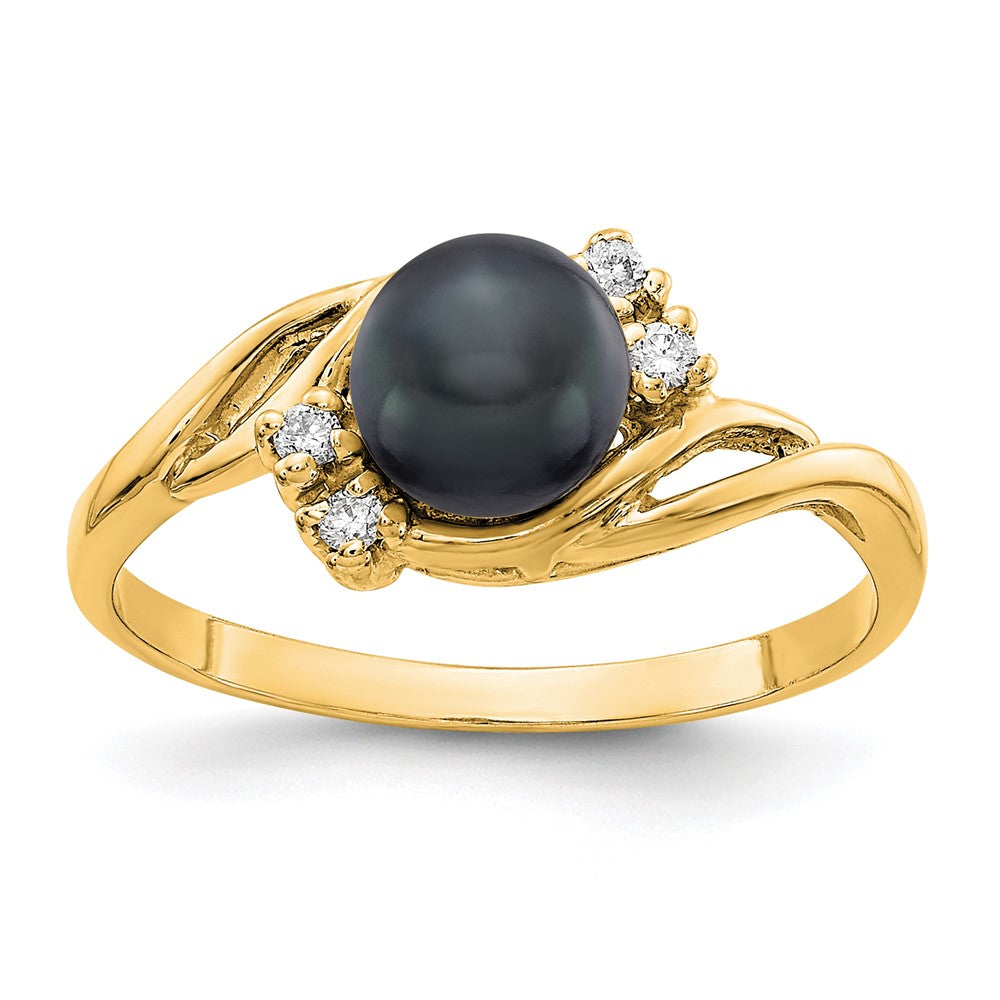 14K Gelbgold Gold 6mm Schwarz Fw Zuchtperle Aa Diamant Ring
