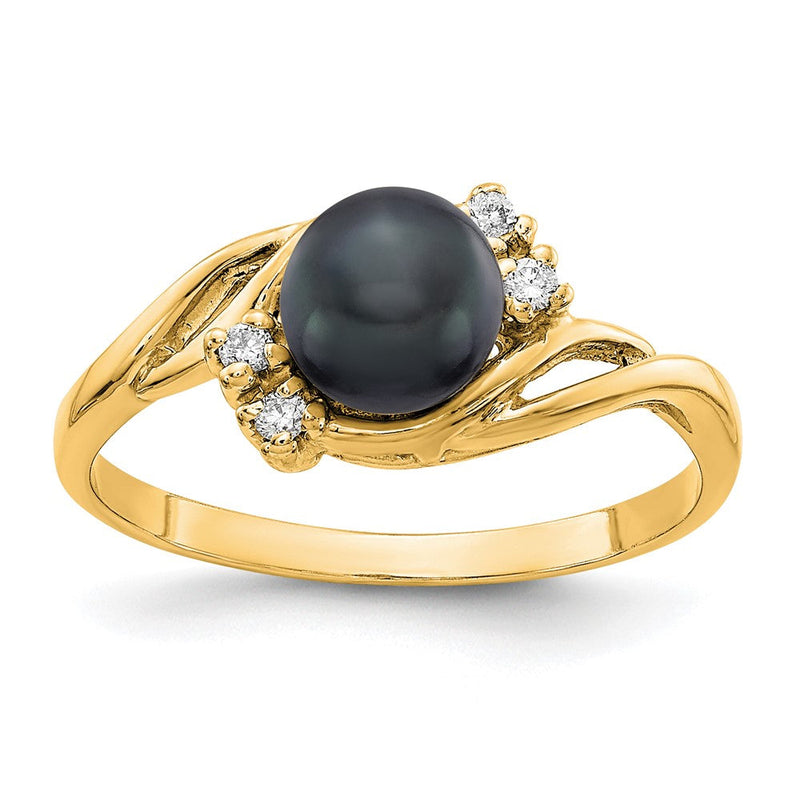 14K Gelbgold Gold 6mm Schwarz Fw Zuchtperle Aa Diamant Ring