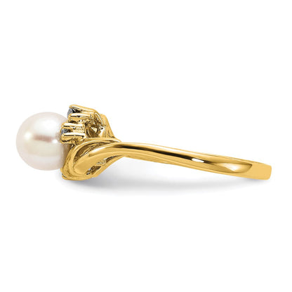 14K Gelbgold Gold 6mm Fw Zuchtperle Aaa Diamant Ring