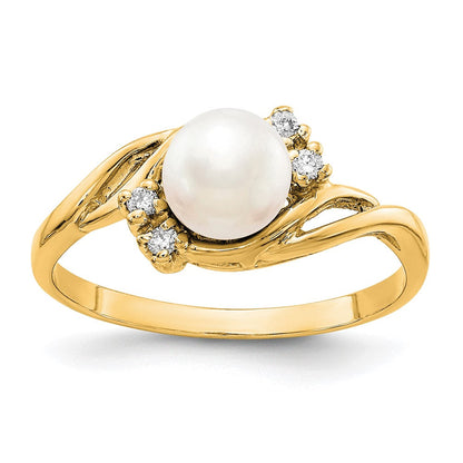 14K Gelbgold Gold 6mm Fw Zuchtperle Aaa Diamant Ring