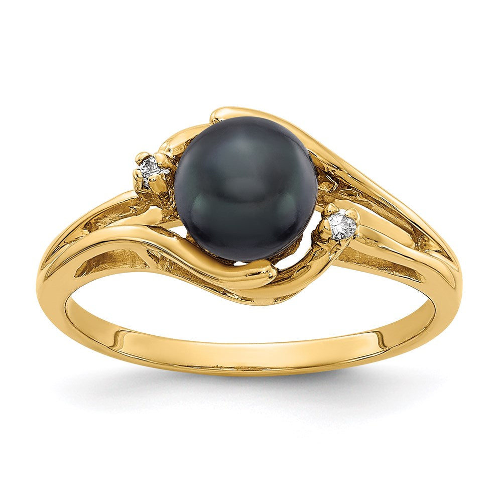 14K Gelbgold 6mm Schwarz Fw Zuchtperle A Echt Diamant Ring