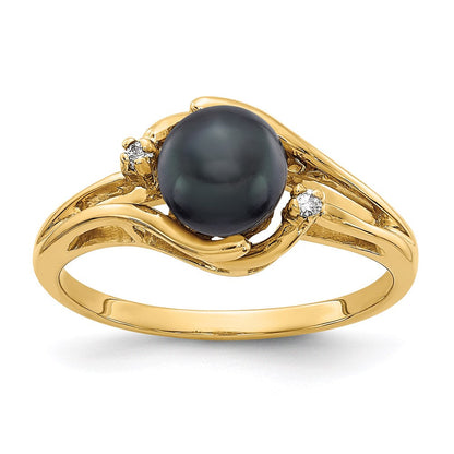 14K Gelbgold 6mm Schwarz Fw Zuchtperle A Echt Diamant Ring