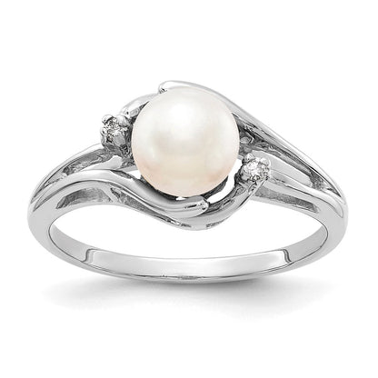 14K Weißgold 6mm Fw Zuchtperle A Echt Diamant Ring