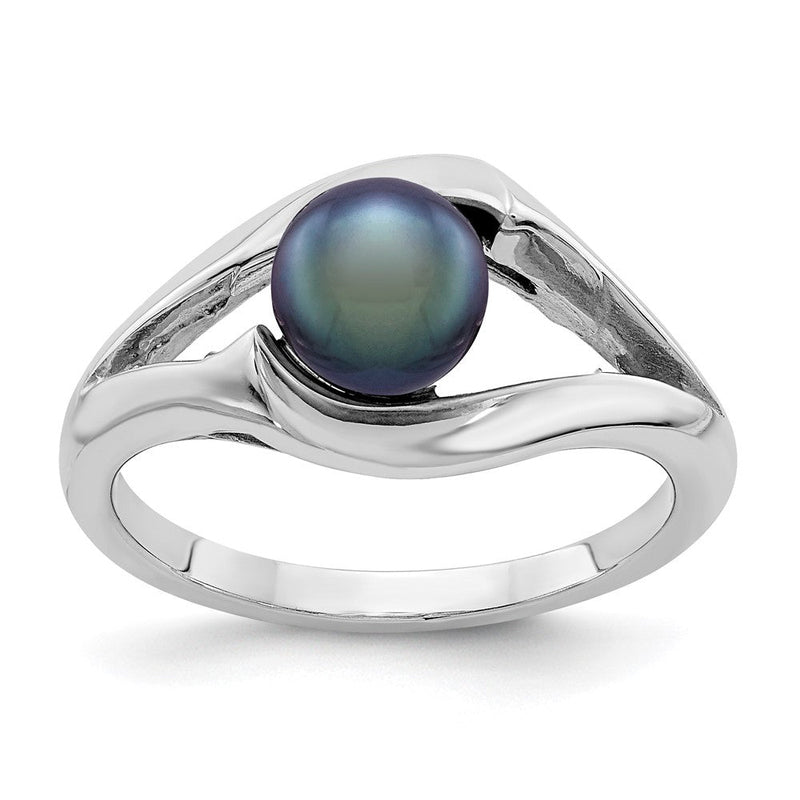 14K Weißgold Ring mit 6 mm schwarzer Süßwasser-Zuchtperle