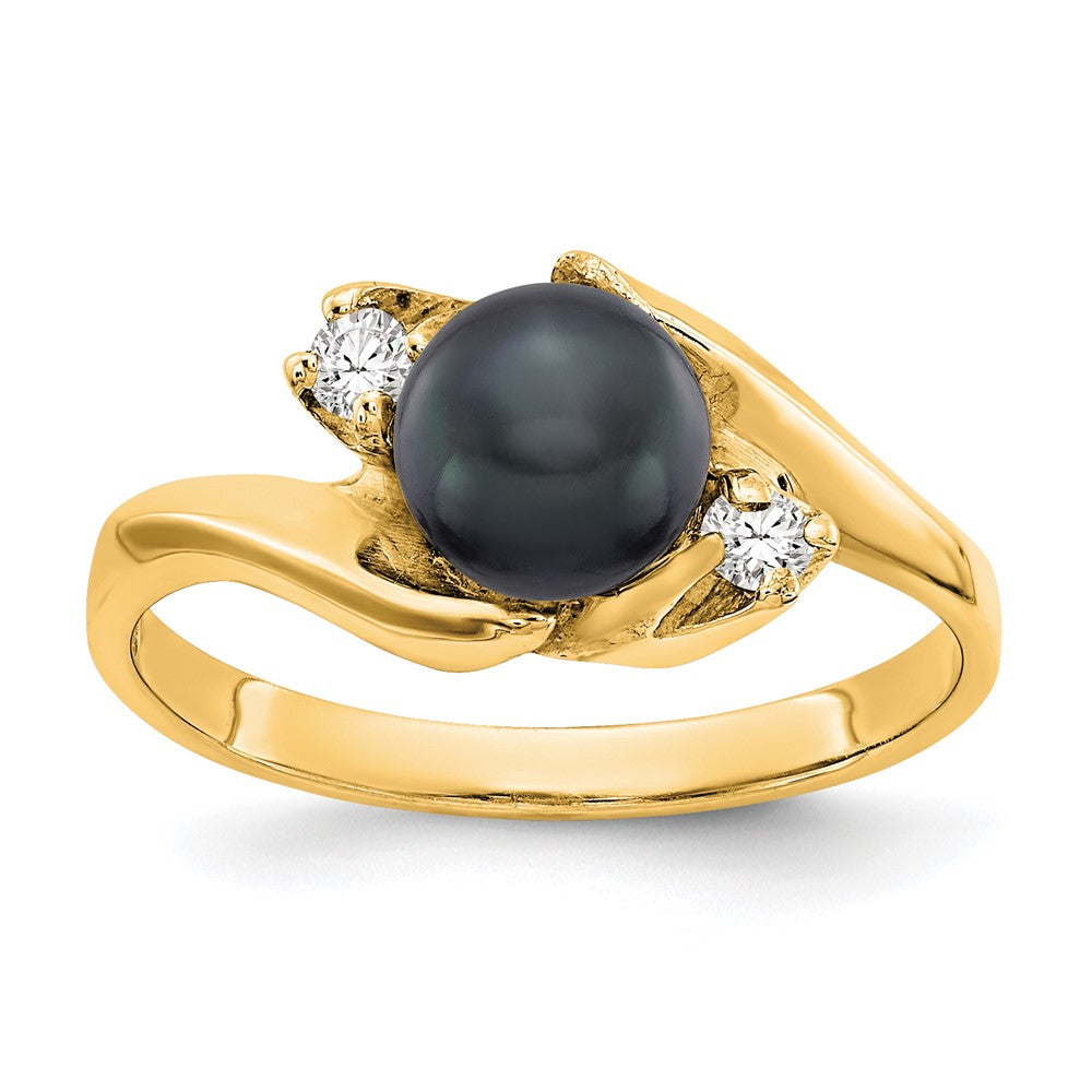 14K Gelbgold 6mm Schwarz Fw Zuchtperle A Echt Diamant Ring