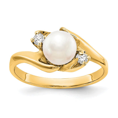 14K Gelbgold 6mm Fw Zuchtperle A Echt Diamant Ring