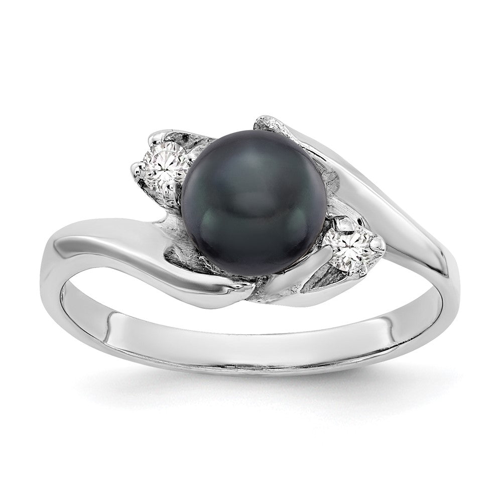 14K Weißgold 6mm Schwarz Fw Zuchtperle Aaa Diamant Ring