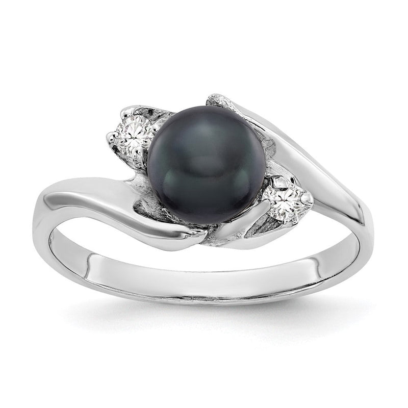 14K Weißgold Ring mit 6-mm-schwarzer FW-Zuchtperle und echten VS-Diamanten