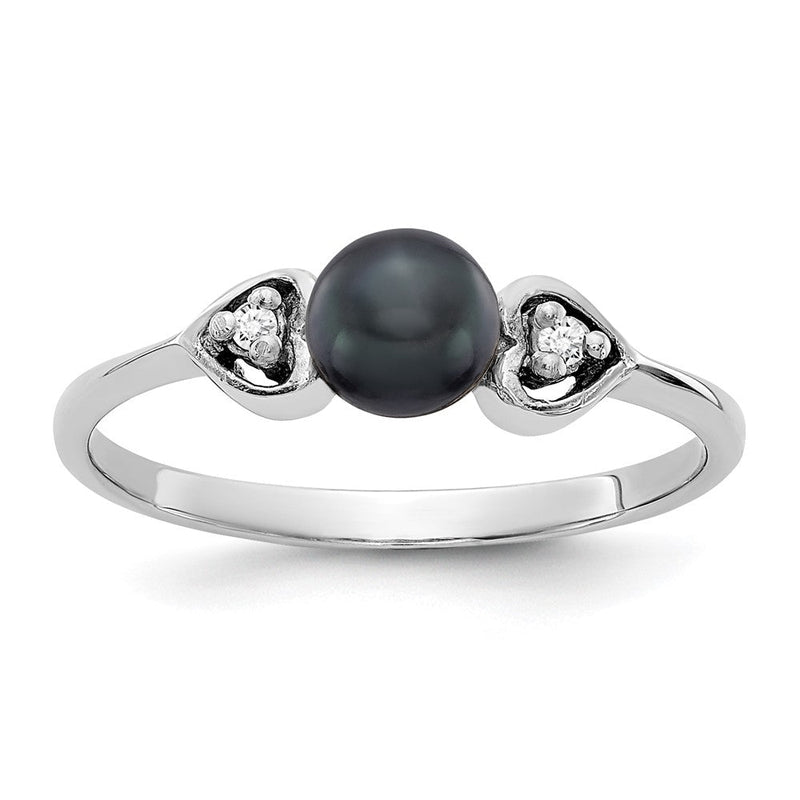 Ring aus 14K Weißgold mit 4,5-mm-schwarzer Süßwasser-Zuchtperle (Qualität A) und echtem Diamant