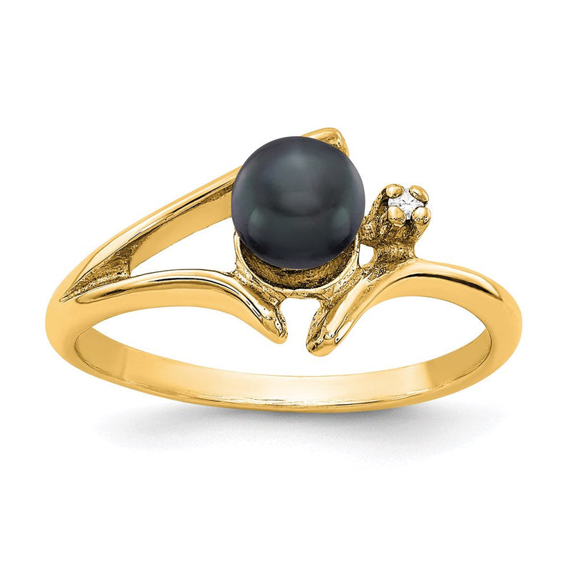 14K Gelbgold Ring mit 5-mm-Zuchtperle AA in Schwarz und echtem Diamant