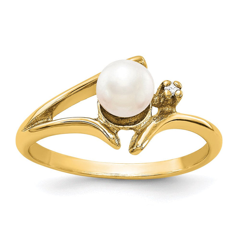 14K Gelbgold Ring mit 5-mm-Süßwasser-Zuchtperle AAA und echten Diamanten
