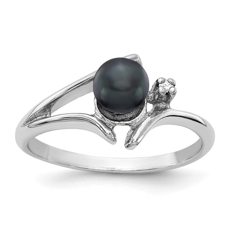 Ring aus 14K Weißgold mit 5 mm schwarzen Süßwasser-Zuchtperlen AAA und echten Diamanten