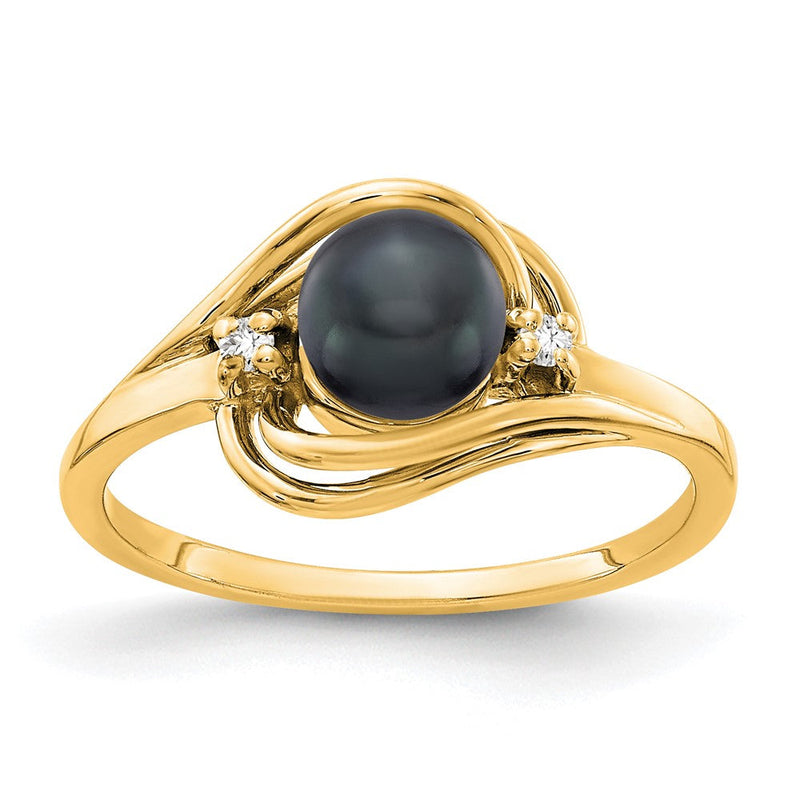 14K Gelbgold 5.5mm Schwarz Fw Zuchtperle A Diamant Ring