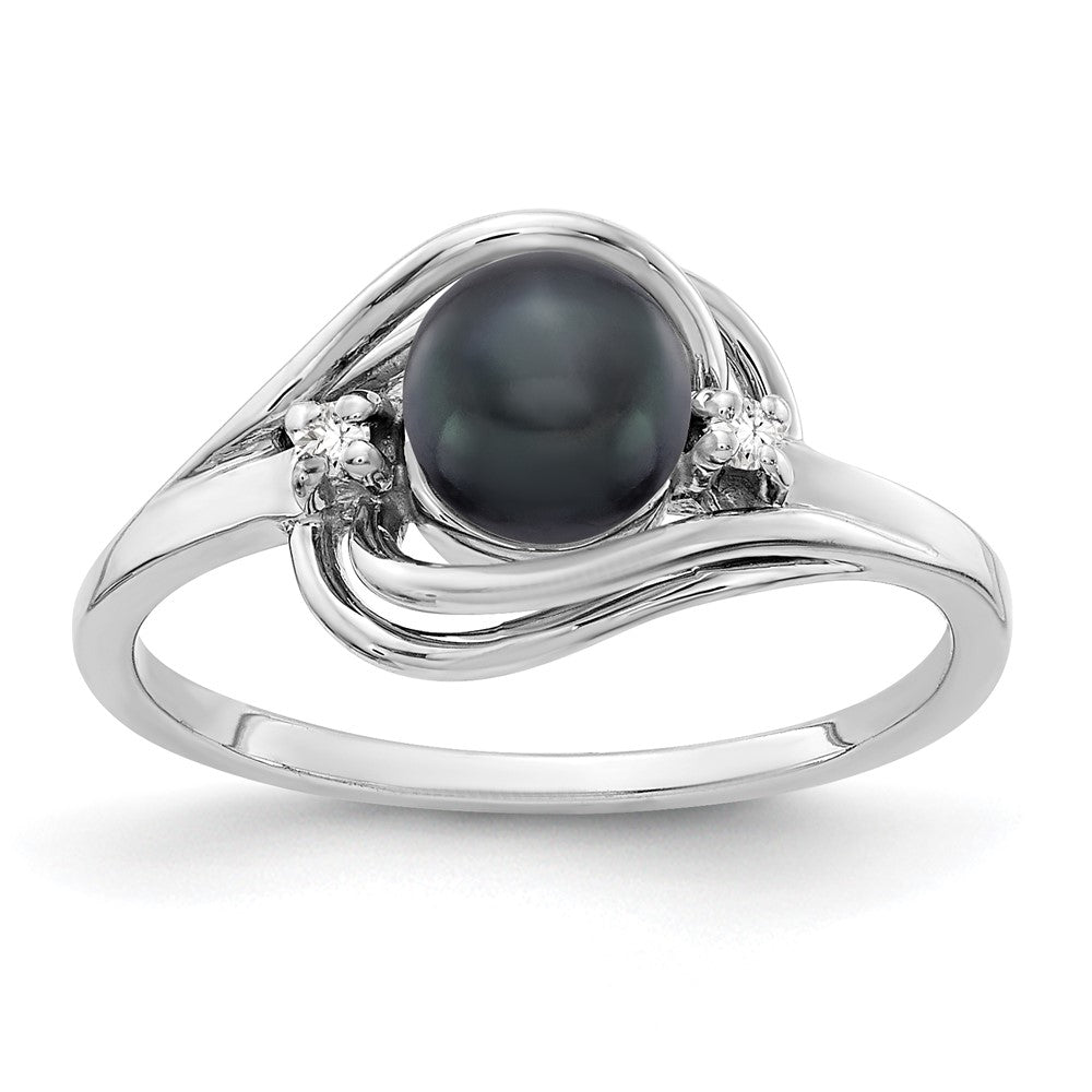 14K Weißgold 5.5mm Schwarz Fw Zuchtperle A Diamant Ring