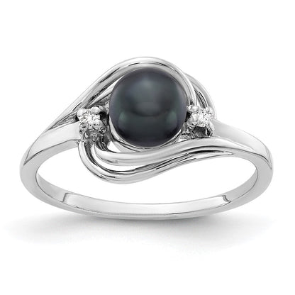 14K Weißgold 5.5mm Schwarz Fw Zuchtperle A Diamant Ring