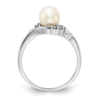 14K Weißgold 6mm Fw Zuchtperle A Echt Diamant Ring