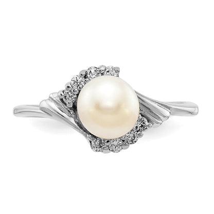 14K Weißgold 6mm Fw Zuchtperle A Echt Diamant Ring