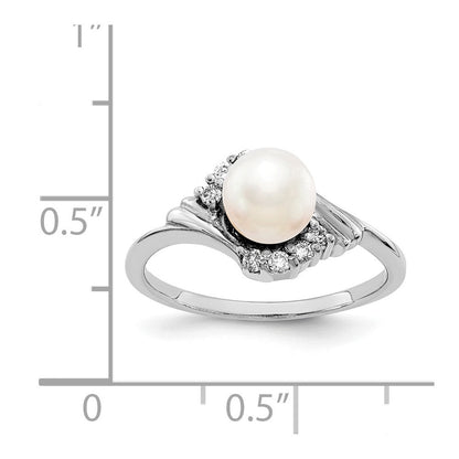 14K Weißgold 6mm Fw Zuchtperle A Echt Diamant Ring