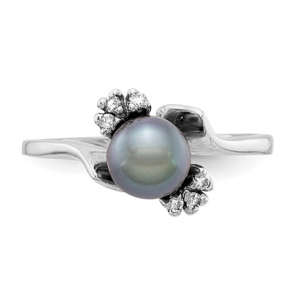 14K Weißgold 6mm Schwarz Fw Zuchtperle A Diamant Ring