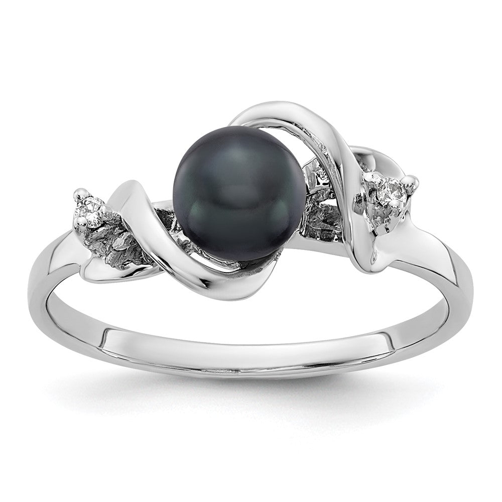 14K Weißgold Ring mit 5,5 mm schwarzer FW Zuchtperle AAA und echten Diamanten