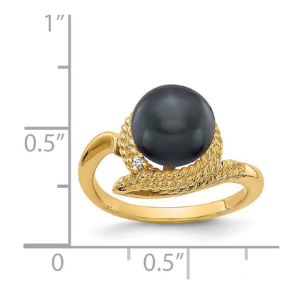 14K Gelbgold 8.5mm Schwarz Fw Zuchtperle A Diamant Ring
