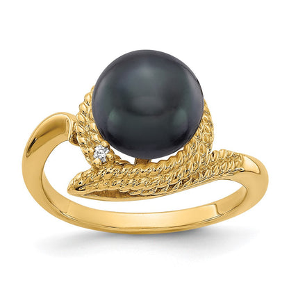 14K Gelbgold 8.5mm Schwarz Fw Zuchtperle A Diamant Ring