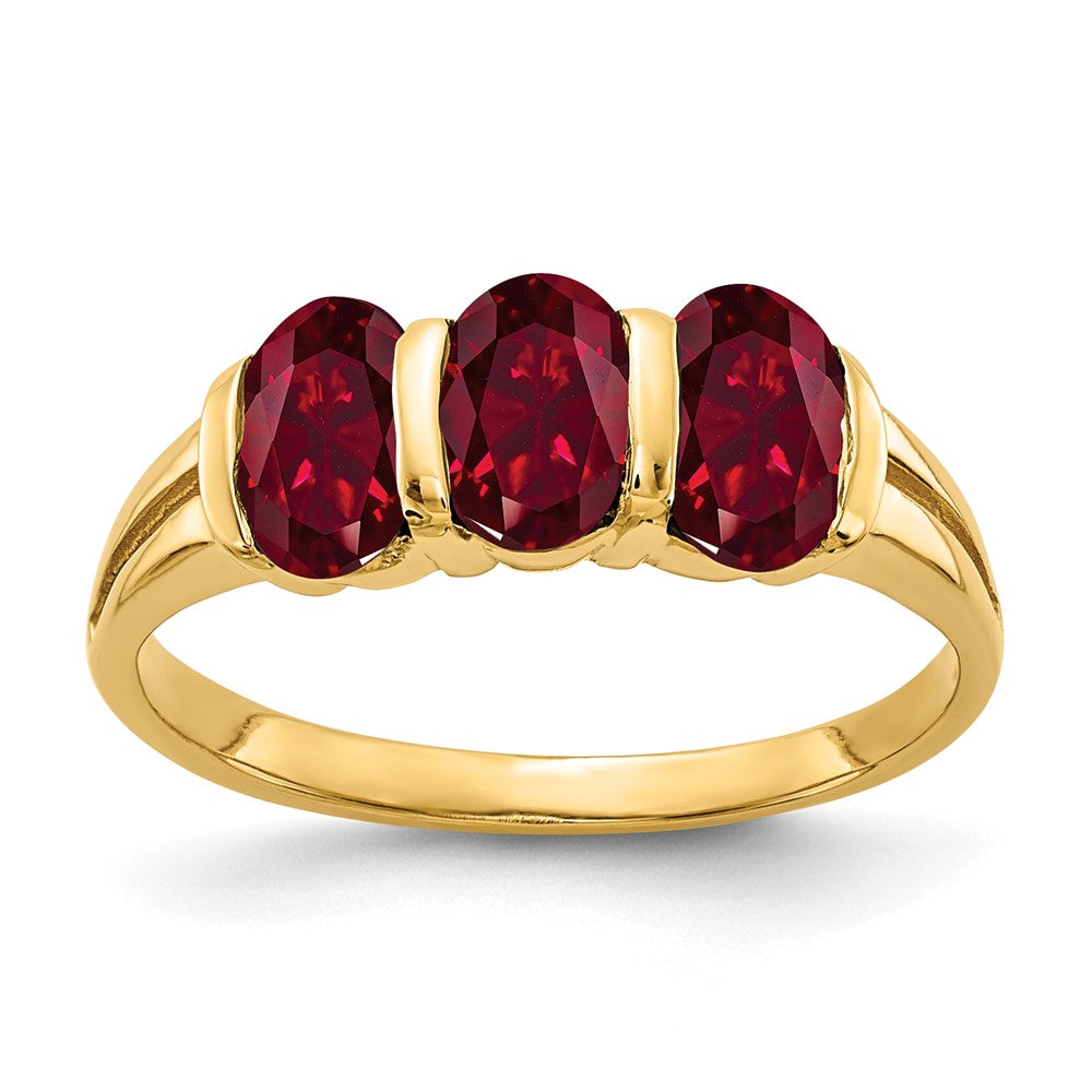 14K Gelbgold Ring mit ovalem synthetischem Rubin, 6x4mm