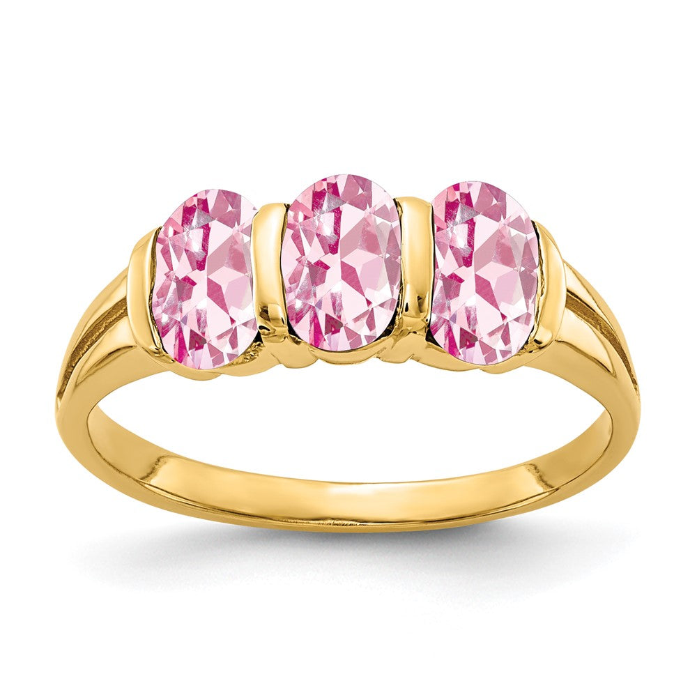Massiver Ring aus 14K Gelbgold mit ovalem simuliertem rosa Turmalin, 6x4mm