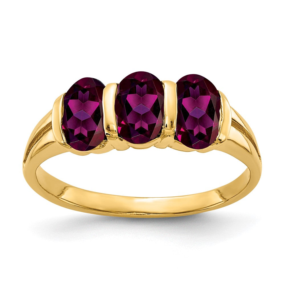Massiver Ring aus 14K Gelbgold mit ovalem simuliertem Rhodolith-Granat, 6x4mm