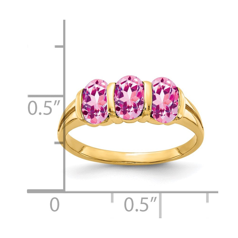 Massiv 14K Gelbgold 6x4mm Oval Rosa Synthetisch Saphir Ring