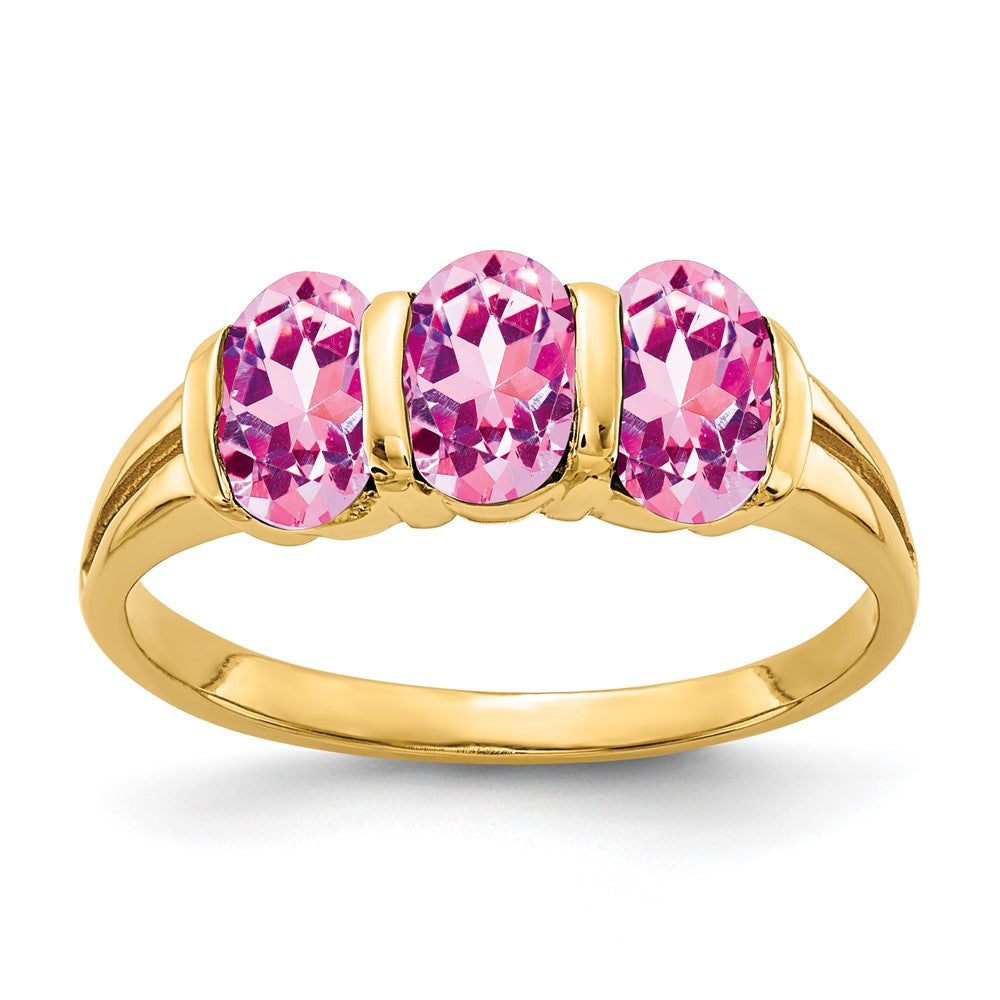 Massiv 14K Gelbgold 6x4mm Oval Rosa Synthetisch Saphir Ring