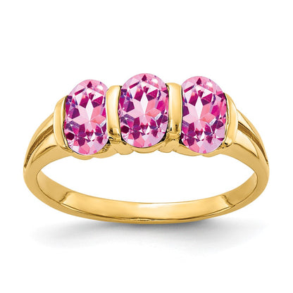 Massiv 14K Gelbgold 6x4mm Oval Rosa Synthetisch Saphir Ring