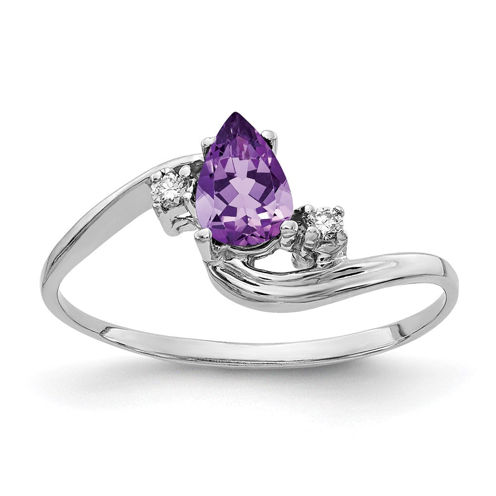 14K Weißgold Ring mit 6x4 mm Amethyst im Schachbrett-Tropfenschliff AA und echten Diamanten