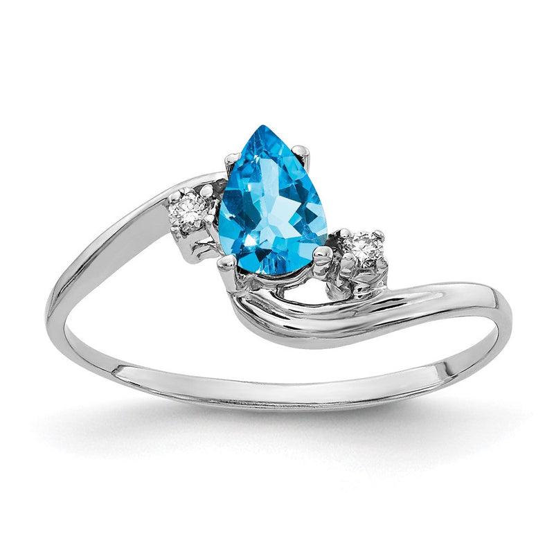 Ring aus 14K Weißgold mit 6 x 4 mm Blautopas im Tropfenschliff in AA-Qualität und echten Diamanten