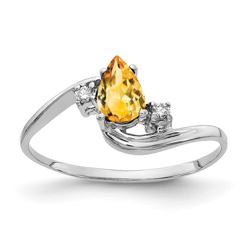14K Weißgold Ring mit 6x4 mm Citrin im Scheckerbrett-Schliff (Tropfenform, AAA) und echten Diamanten