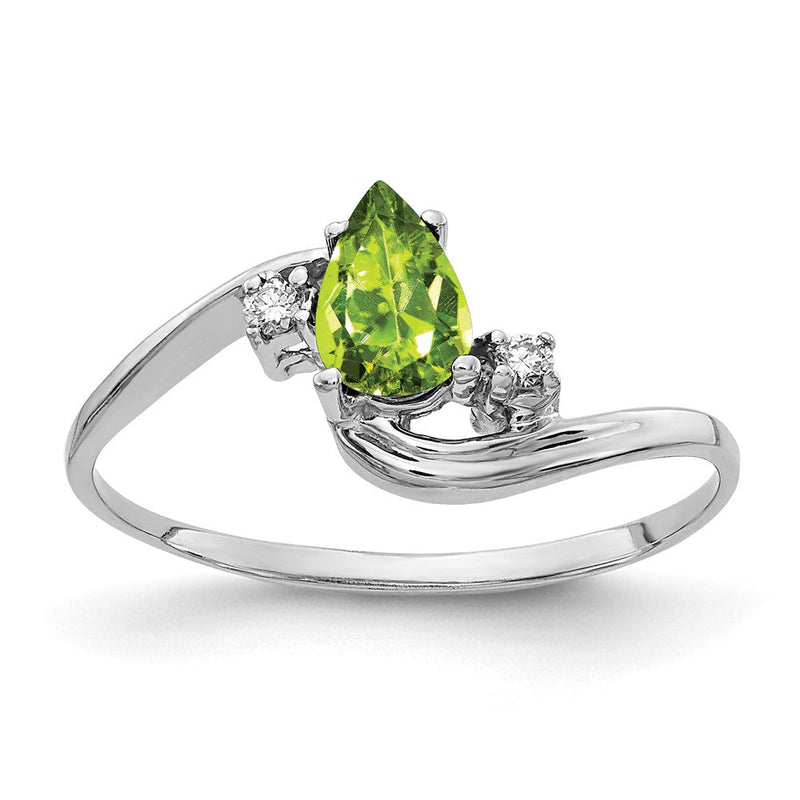 14K Weißgold Peridot-Ring, 6x4 mm, Birnenschliff, Schachbrettschliff, AA, mit echten Diamanten