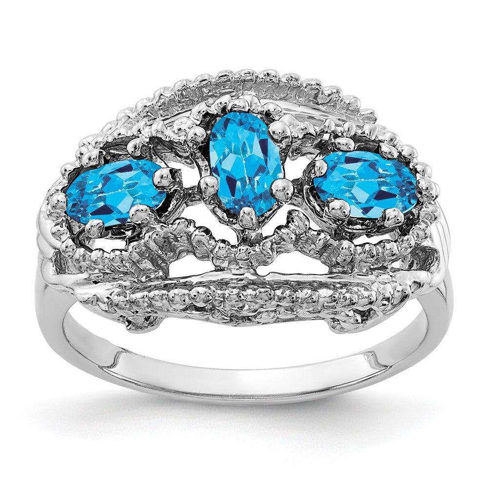 Massiv 14K Weißgold 5x3mm Oval Synthetisch Blautopas Ring