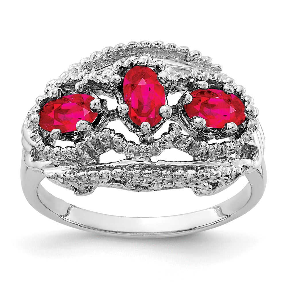 Massiv 14K Weißgold 5x3mm Oval Synthetisch Rubin Ring