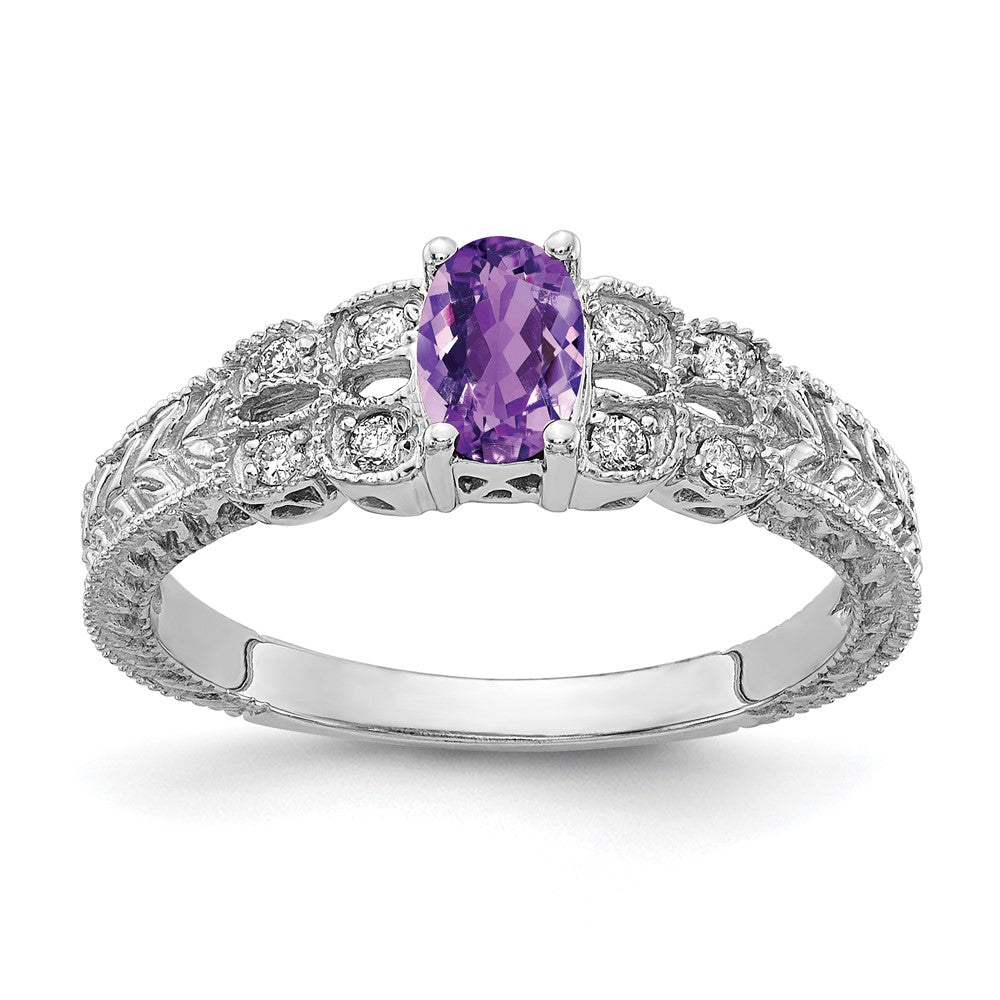 14K Weißgold 6x4mm Oval Amethyst Karo Aaa Echt Diamant Ring