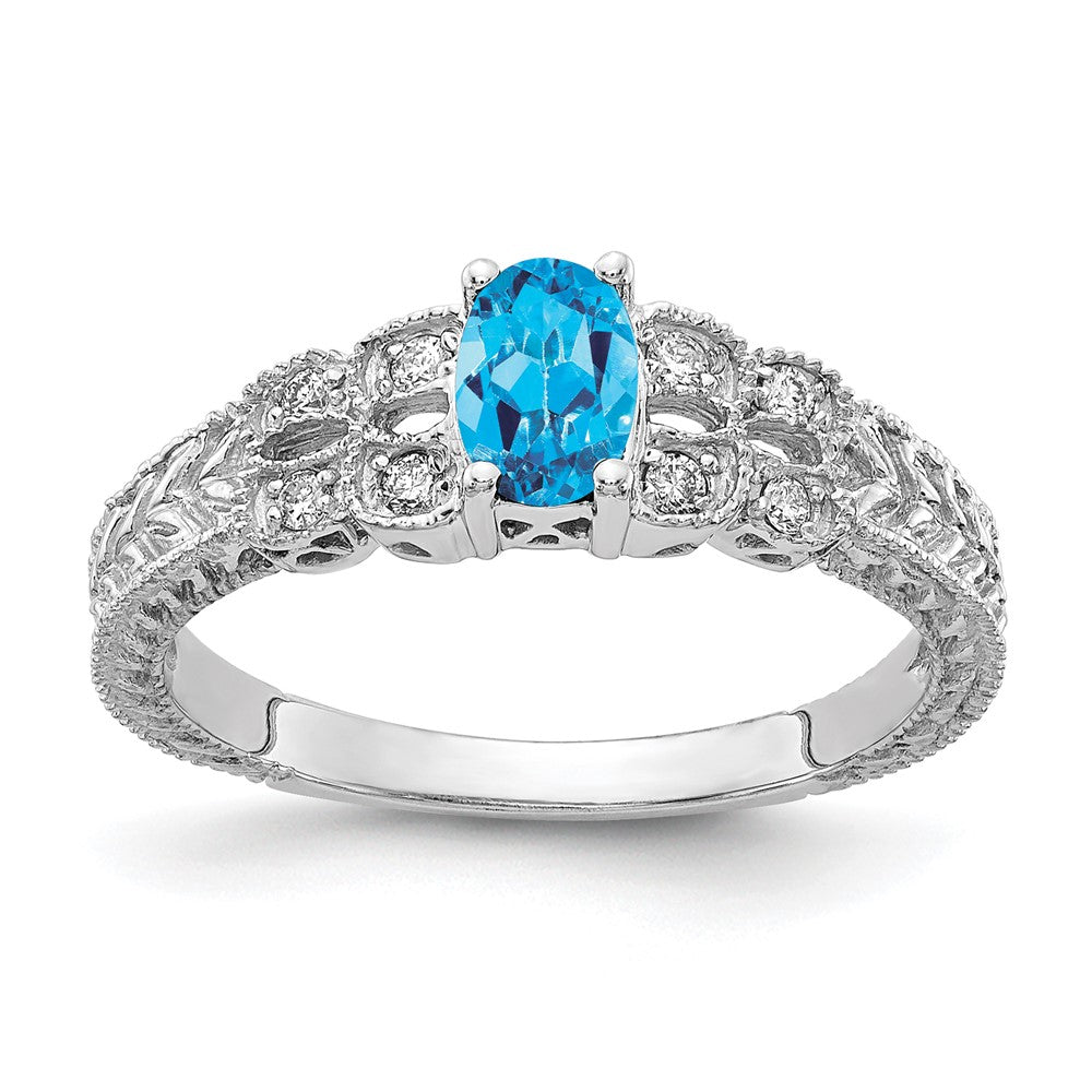 14K Weißgold 6x4mm Oval Blautopas Karo Aaa Diamant Ring
