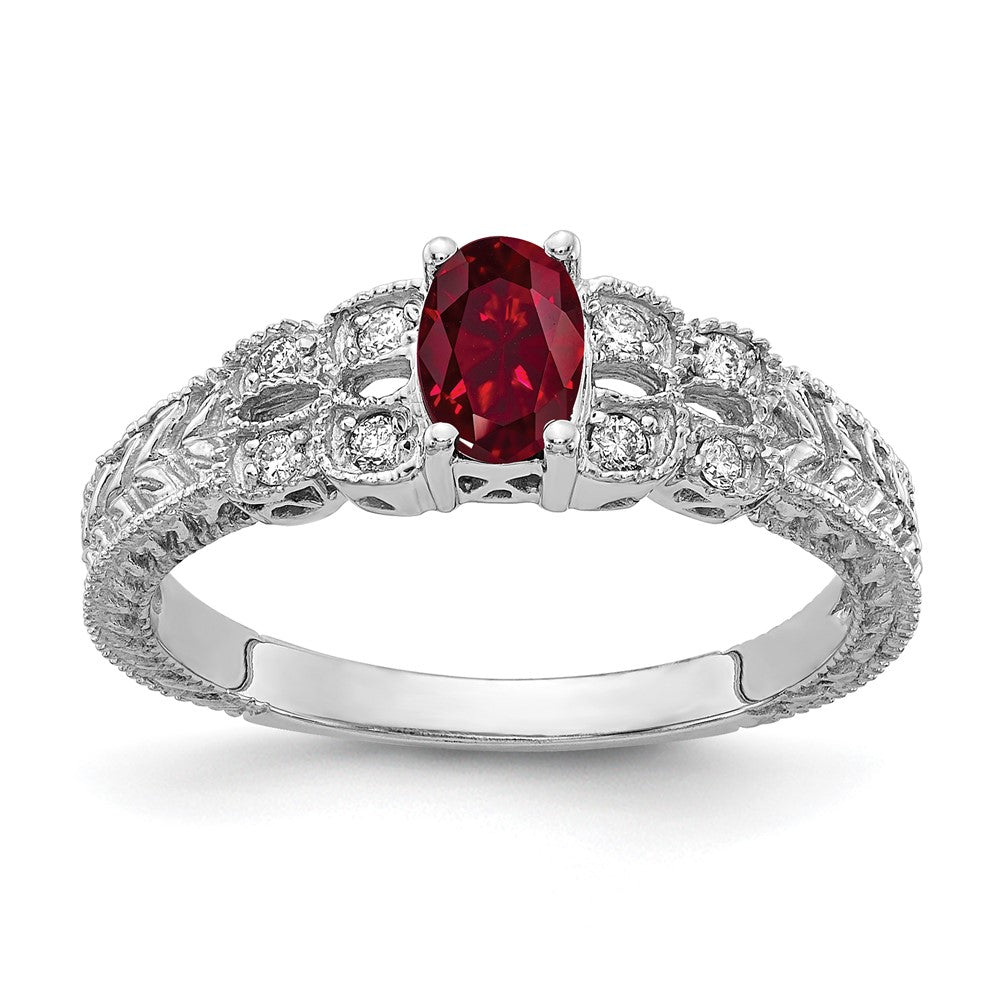 14K Weißgold 6x4mm Oval Erzeugt Rubin A Echt Diamant Ring