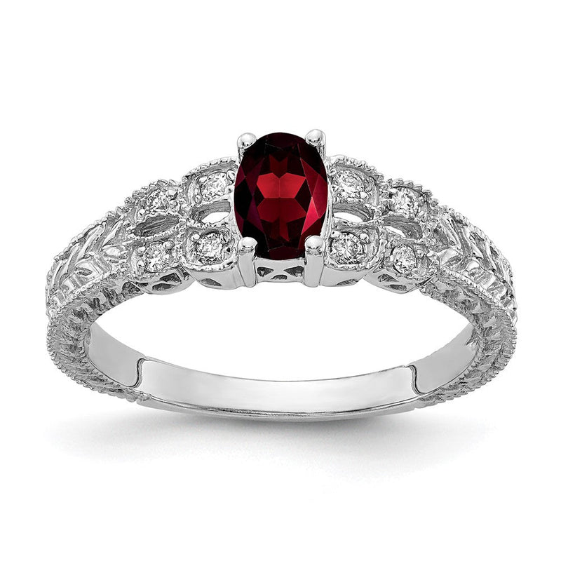 14K Weißgold Ring mit 6x4mm ovalem Granat im Schachbrettschliff AAA und echten Diamanten