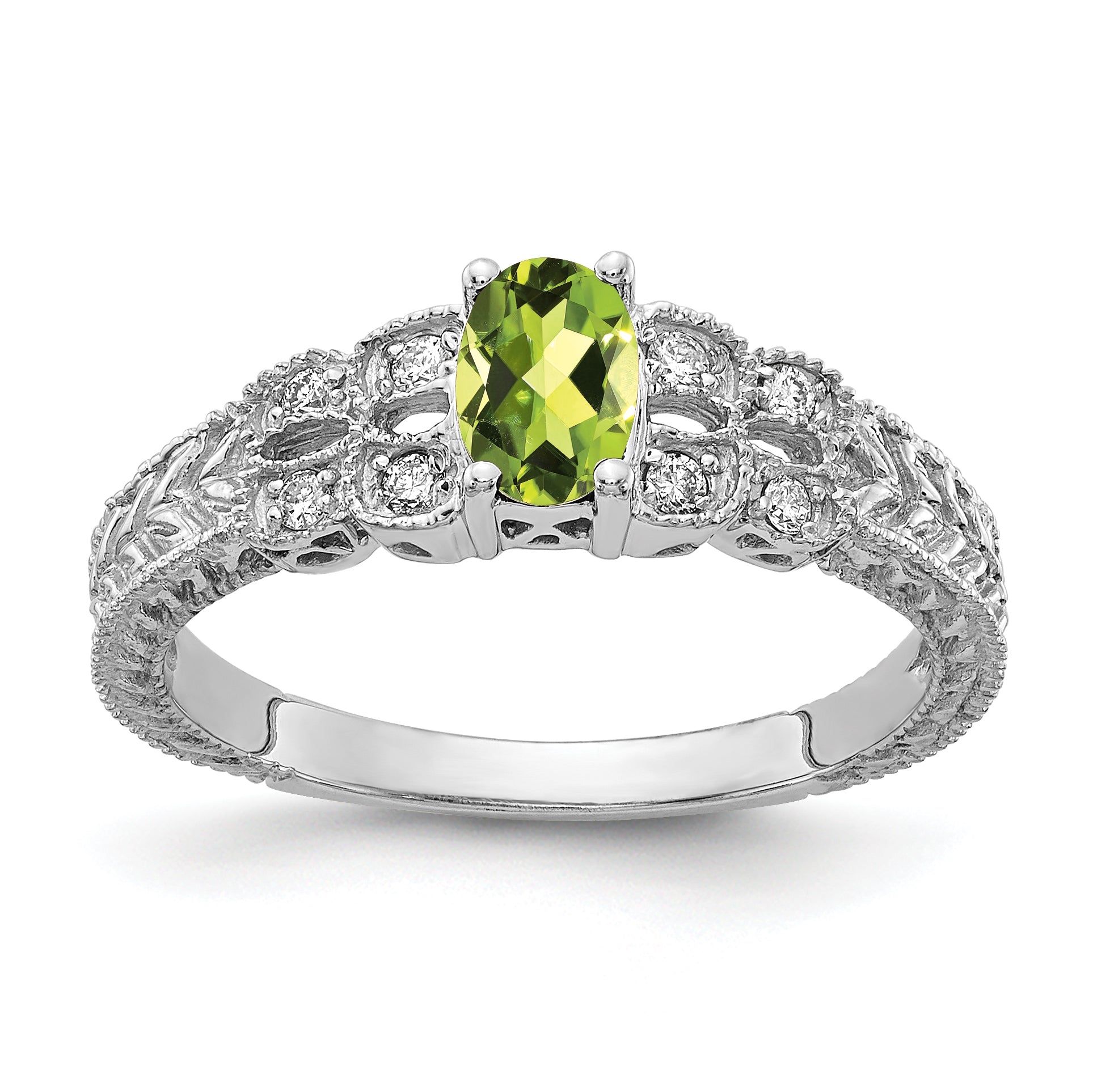 14K Weißgold 6x4mm Oval Peridot Karo A Echt Diamant Ring