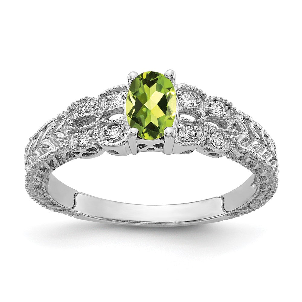 14K Weißgold 6x4mm Oval Peridot A Echt Diamant Ring