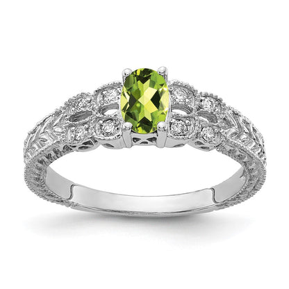 14K Weißgold 6x4mm Oval Peridot A Echt Diamant Ring