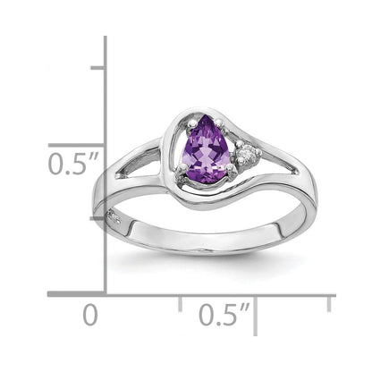 14K Weißgold Ring mit 6x4 mm Amethyst im Schachbrett-Facettenschliff, Birnenform, AA-Qualität, und echten Diamanten