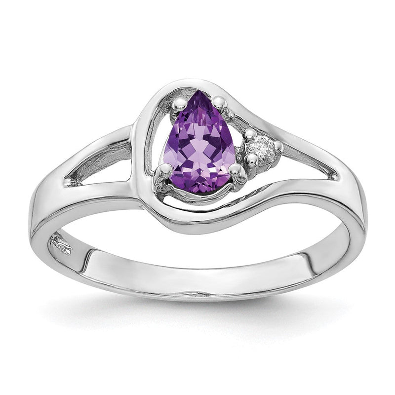 14K Weißgold Ring mit tropfenförmigem Amethyst 6x4mm und echten Diamanten
