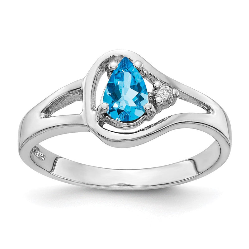 14K Weißgold Ring mit 6x4 mm Blautopas im Tropfenschliff, VS, und echten Diamanten